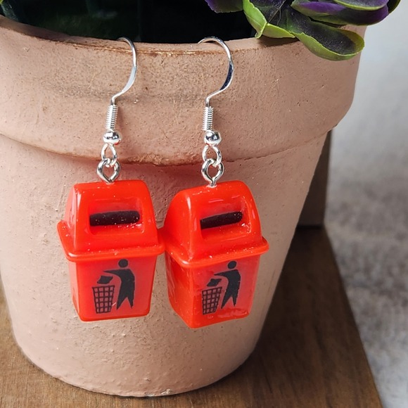 Handmade Jewelry - Red Trash Can Dangle Earrings Novelty Miniature Garbage Bin Jewelry 1.75"